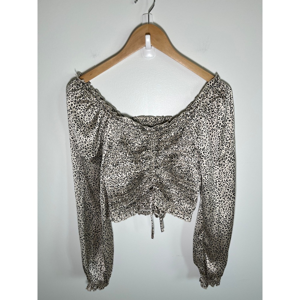 Babydoll Going Out Chic Womens Top L Ruched Balloon Sleeves Cheetah Print